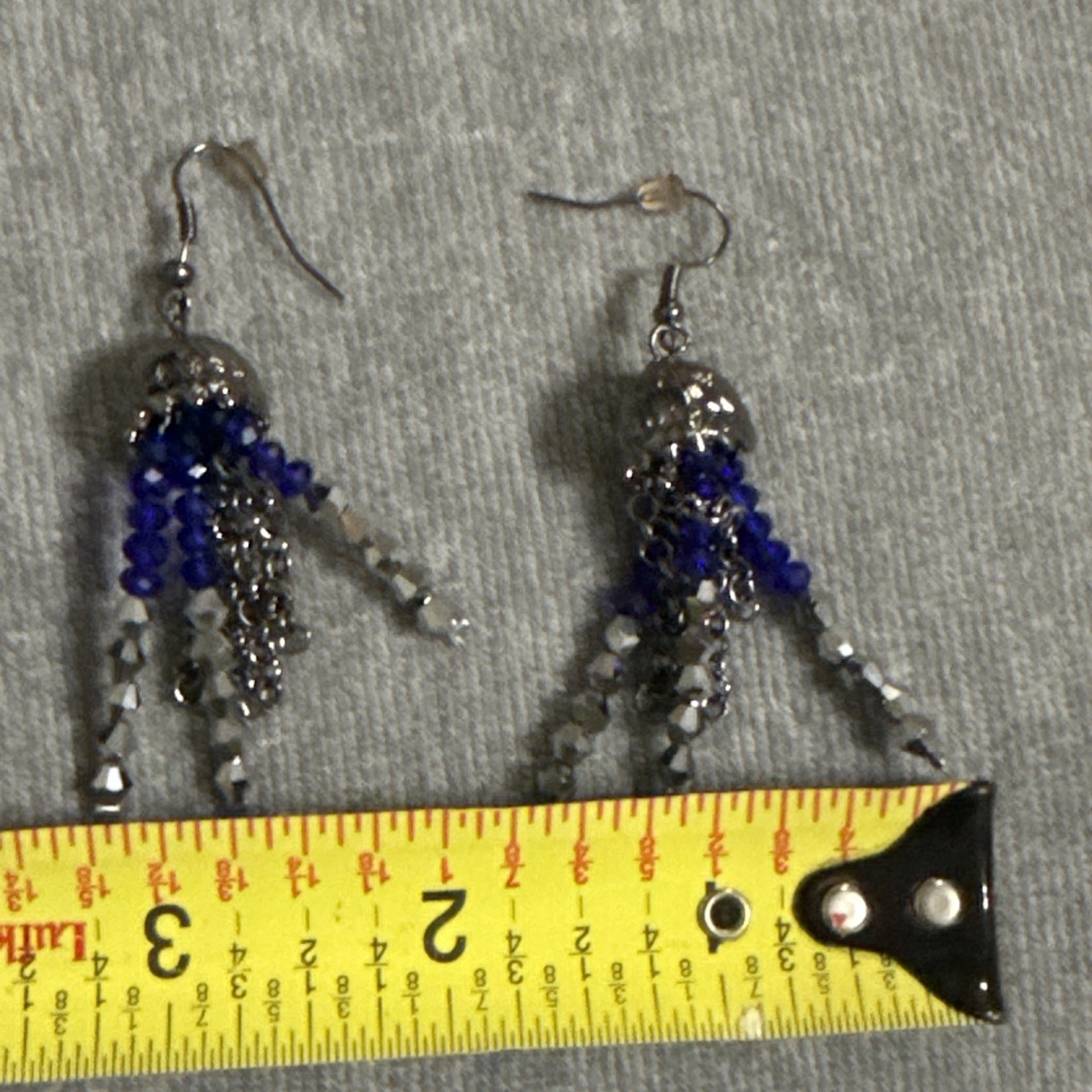 Vintage Silver Chain Artisan Blue Crystal Faceted Bead Fringe Statement Earrings