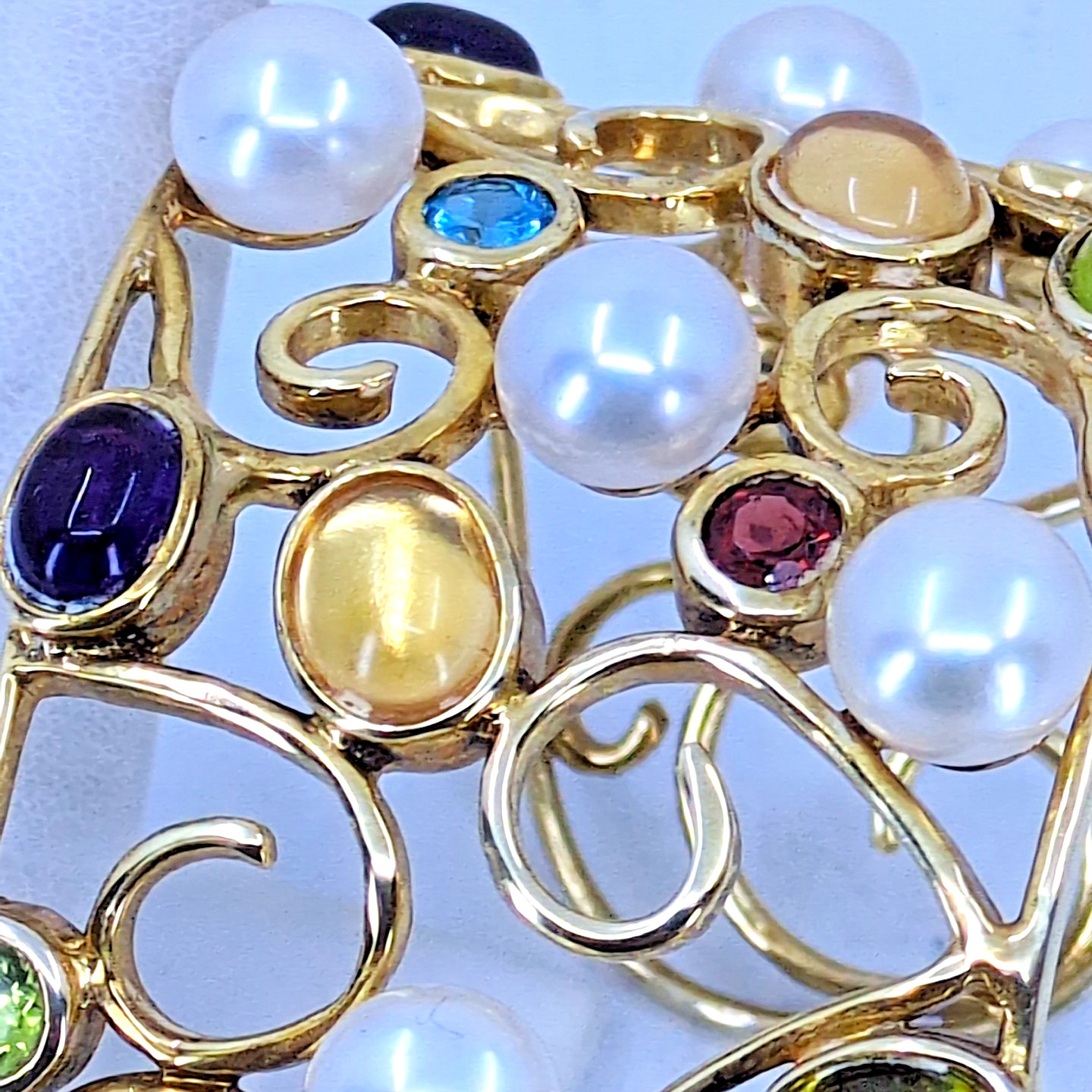 Gold Wash 925 Sterling Silver Multi-Gemstone & Mabe Pearl Filigree Cuff Bracelet