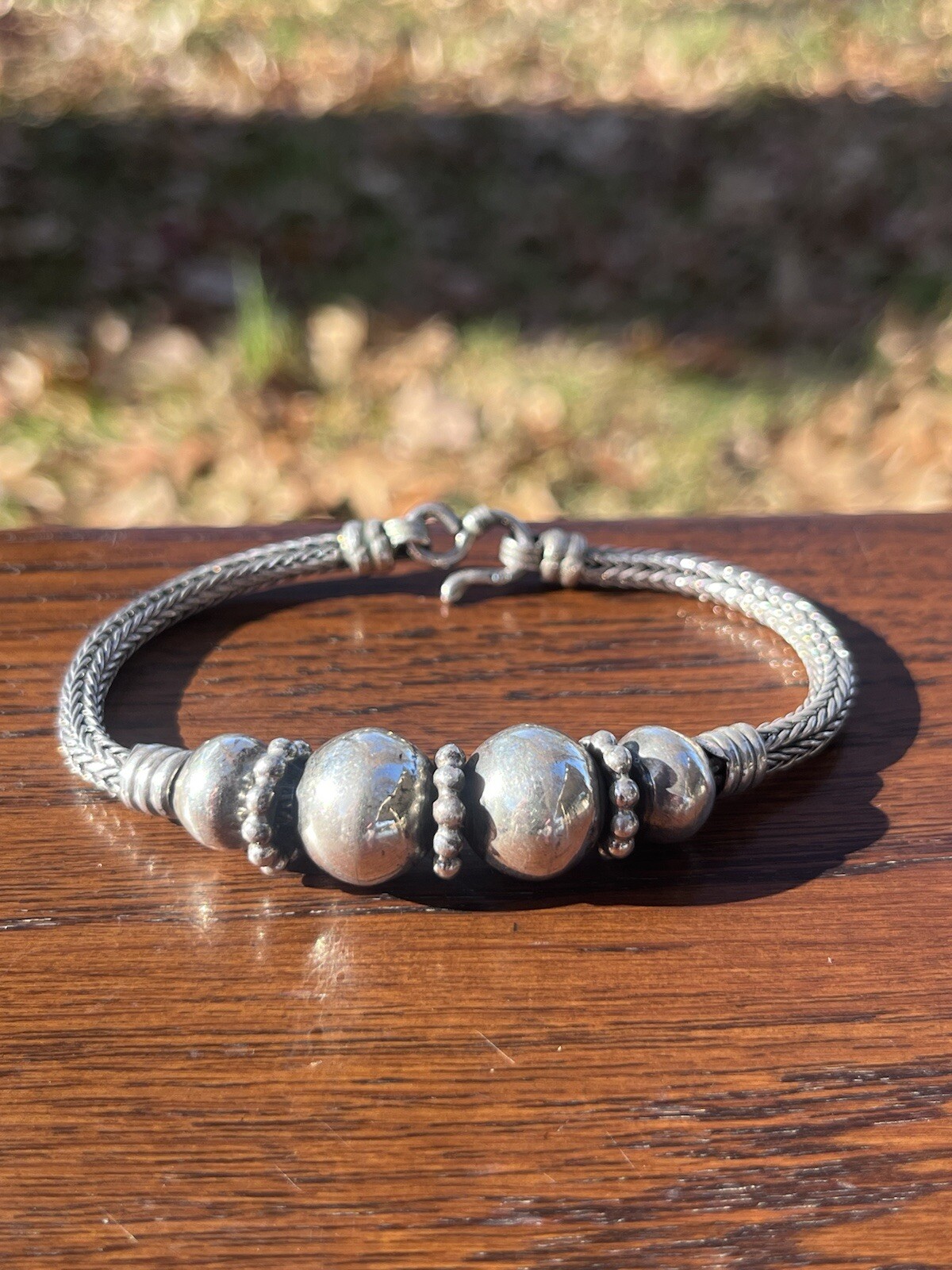 Vintage Sterling Silver Wheat Link Beaded Bracelet