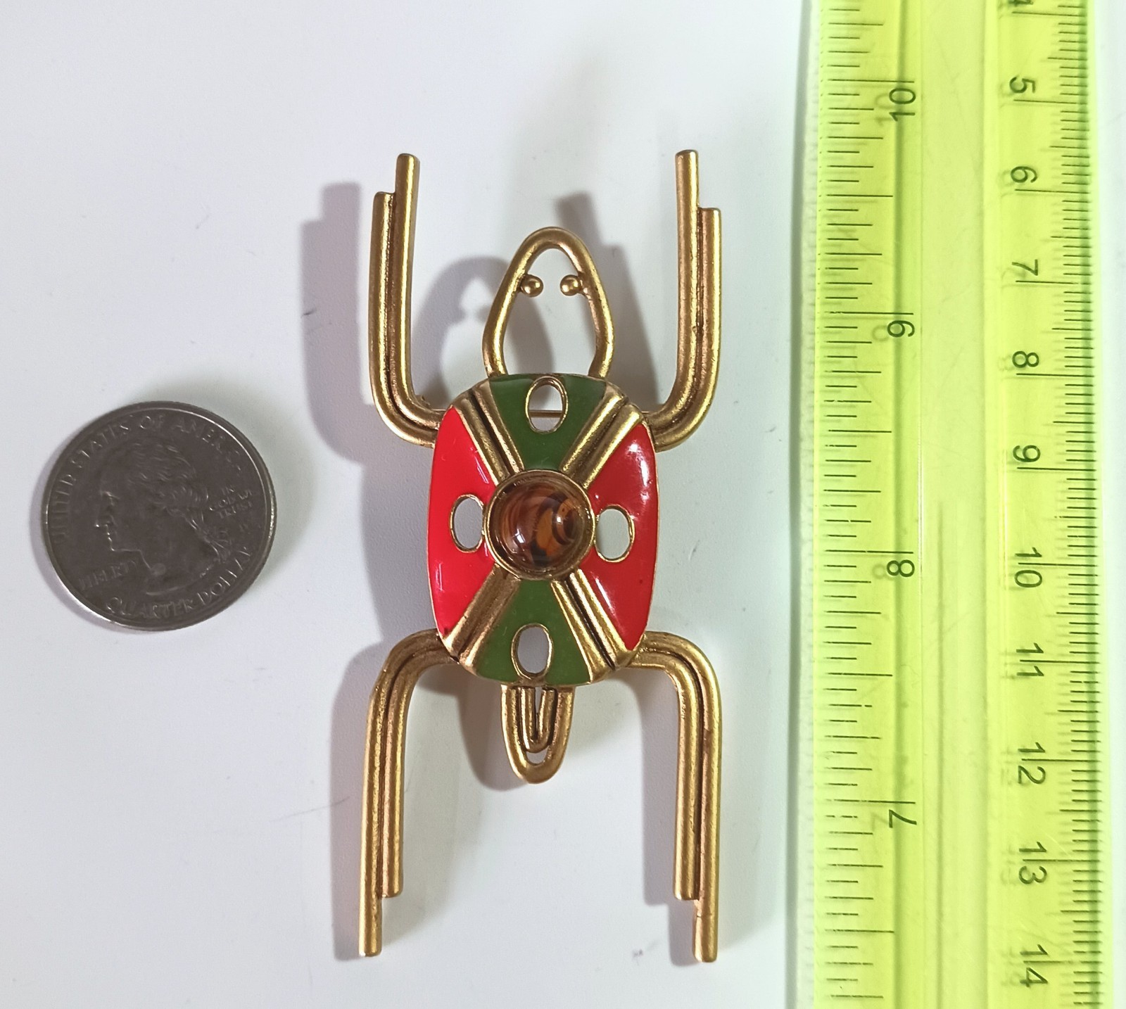 Vintage Gold-tone Insect Bug Brooch w/ Enamel Body & Translucent Cabochon