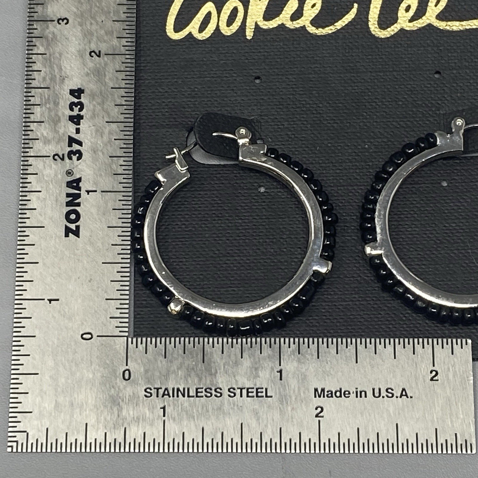 Cookie Lee Hoop Earrings Silver Tone Black Beads Dangle Drop Pierced NOS 1.5″