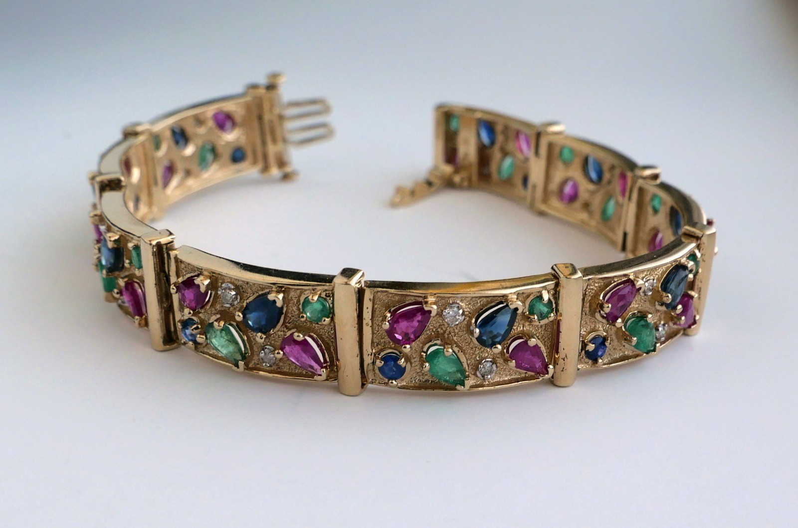 Vintage 14K Yellow Gold Ruby Emerald Sapphire Diamond Link Bracelet 7.25”