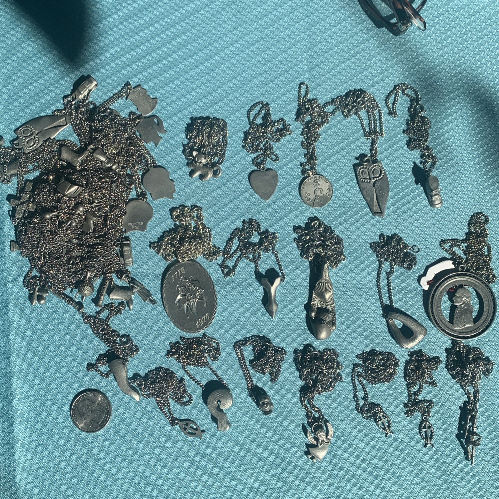 Vintage Pewter BDA Pendant Necklace Lot Of 40 Mixed Variety Signed NOS LBS610