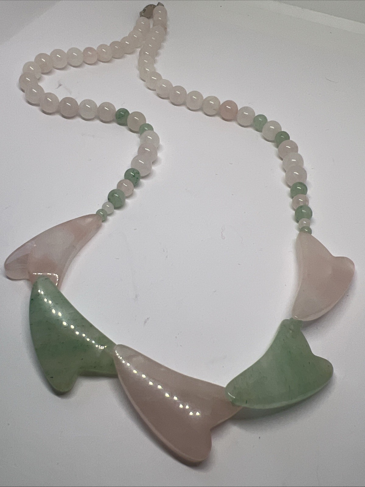 Beautiful Gemstone Pink & Green Beaded Heart Shaped Pendant 24” Necklace