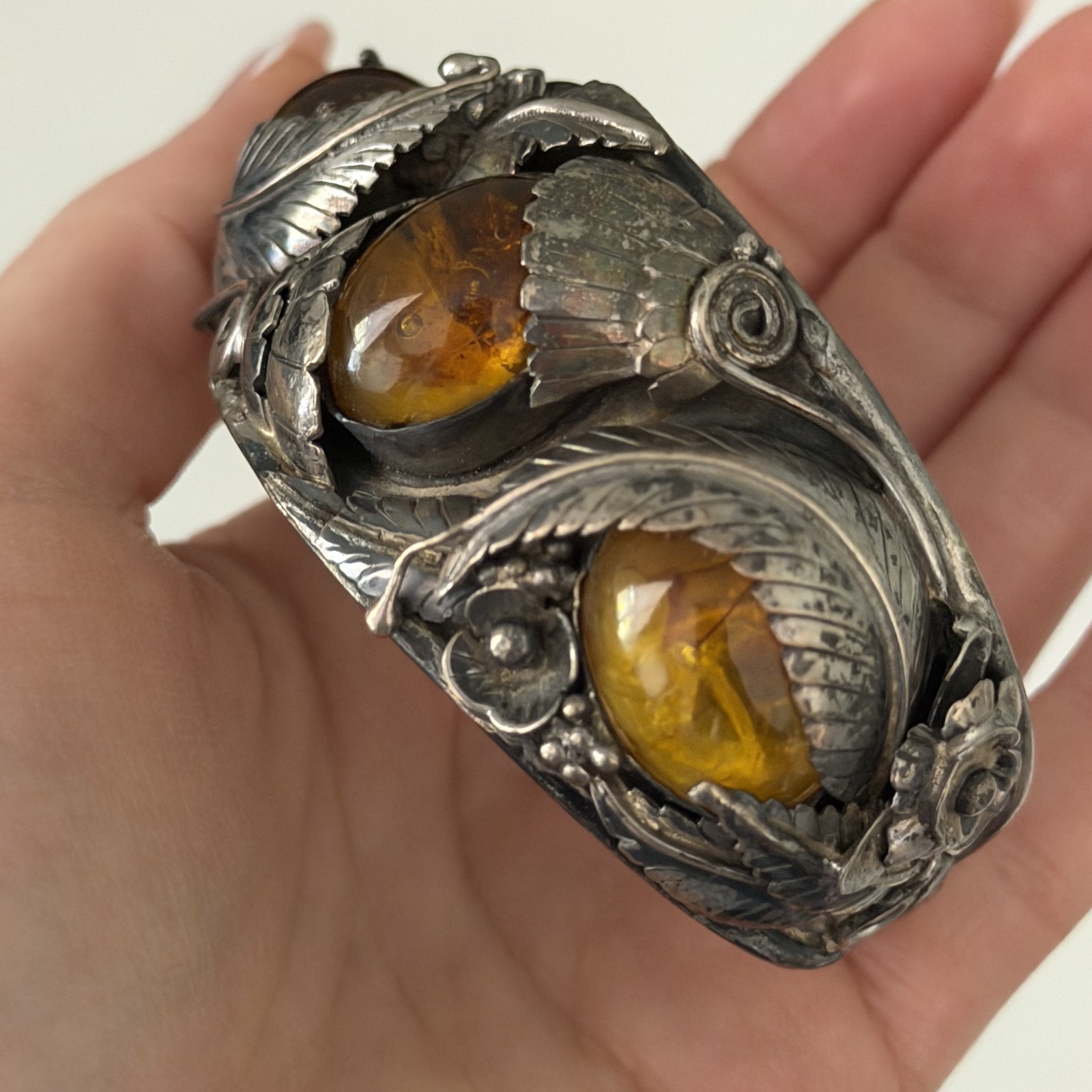 Vintage Sterling Silver Big Chunky Amber Leaf Southwest Cuff Bracelet Heavy