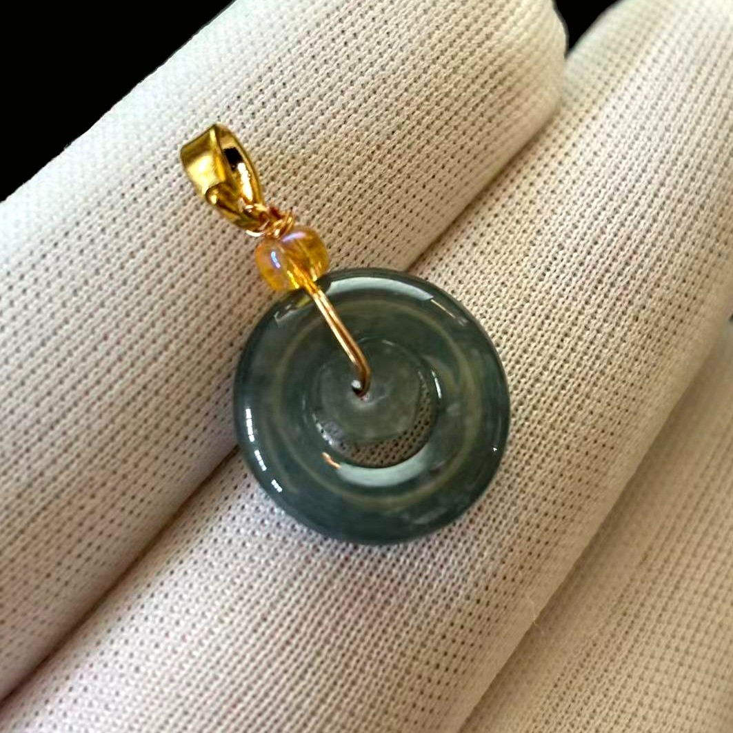 Natural Translucent Green Jade Jadeite Double-ring Small Pendant, 16x16x3mm