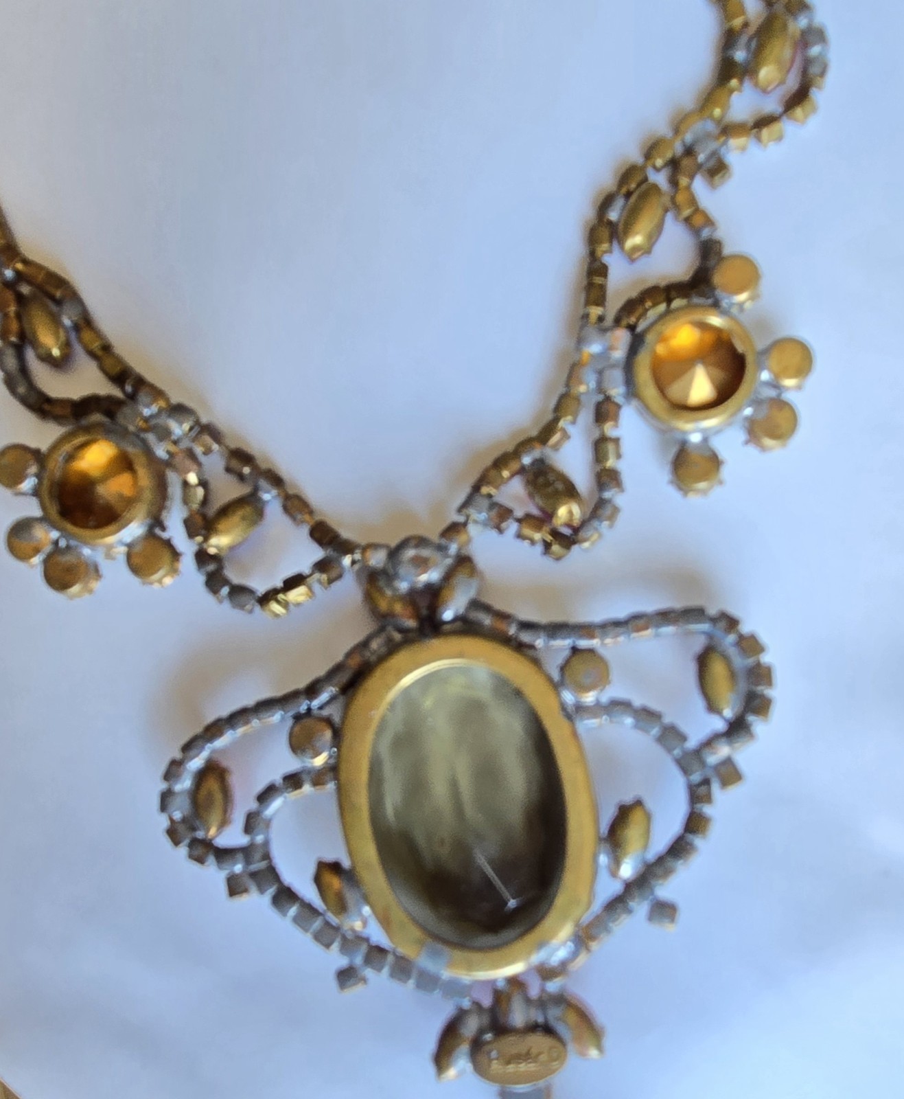 Vtg Signed Husar D Czech Glass Festoon Necklace Green Center Red Accent Stones
