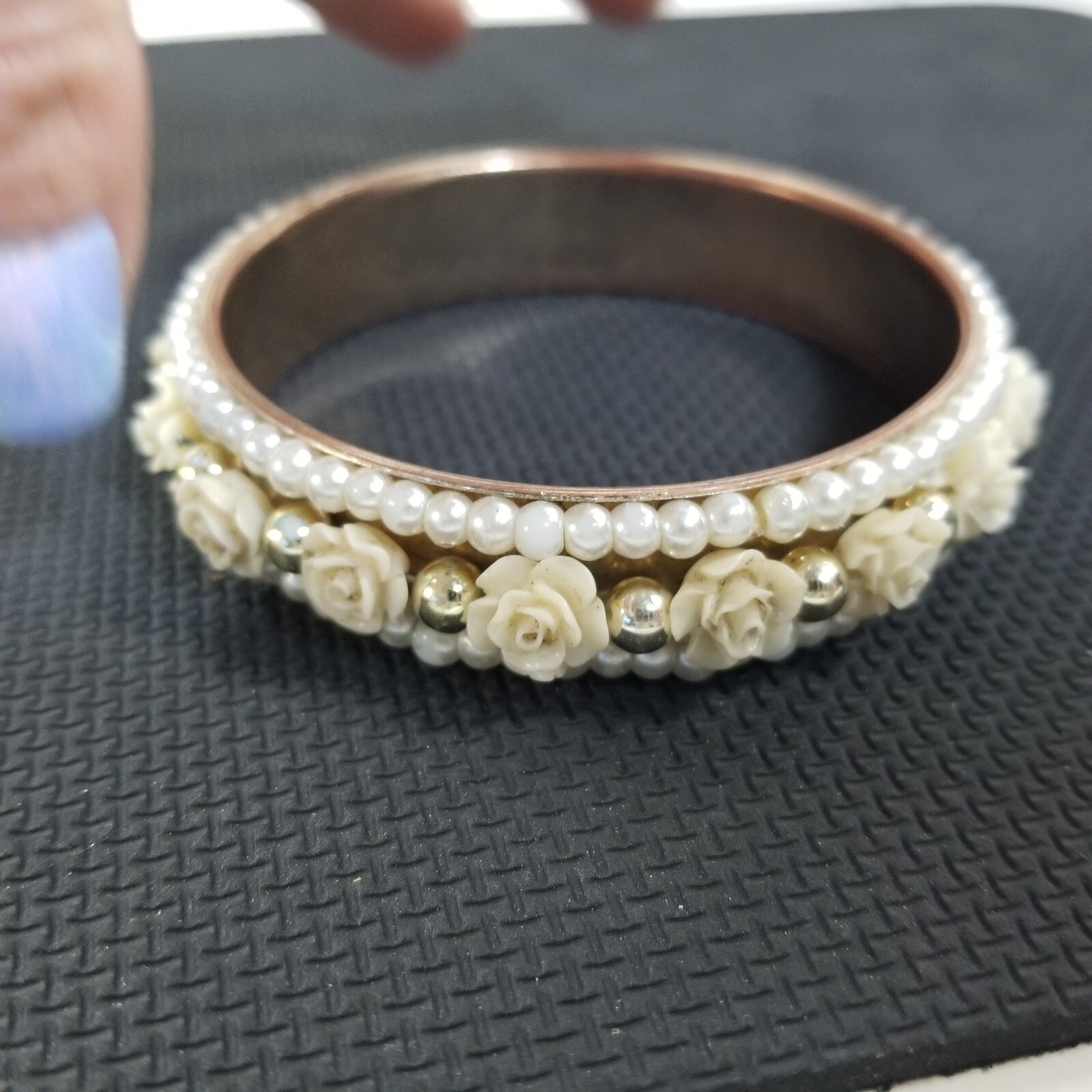 Faux Pearl Bracelet Flowers Vintage Statement Bangle