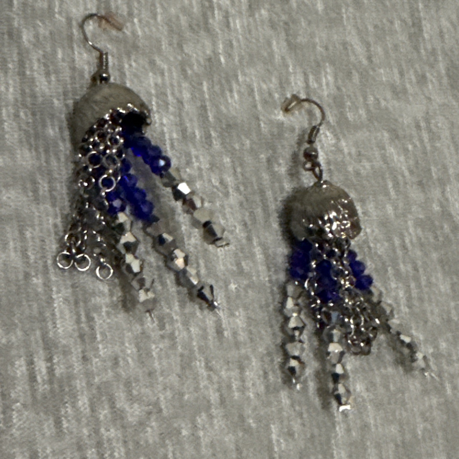 Vintage Silver Chain Artisan Blue Crystal Faceted Bead Fringe Statement Earrings