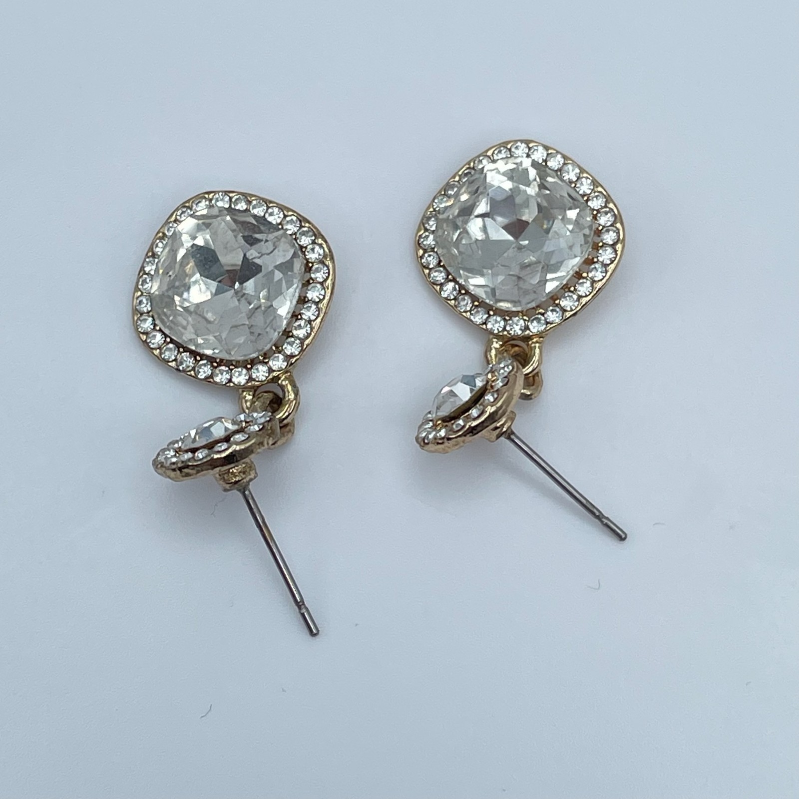 Vintage 90s Gold Tone Cushion Cut Halo Post Dangle Earrings Women’s Jewelry
