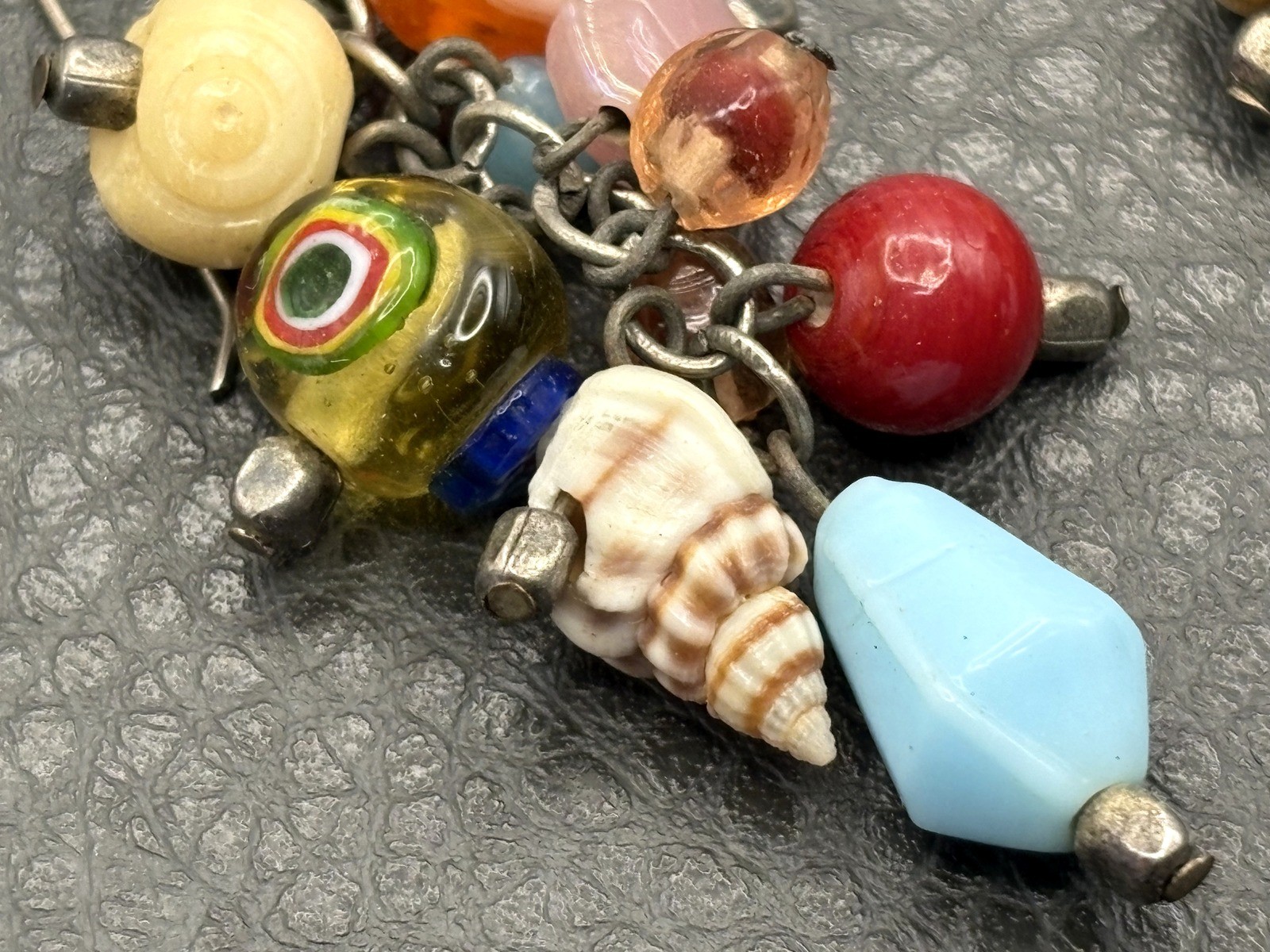 Vintage Multicolor Italian Art Glass Bead Charm Dangle Drop Earrings Shell