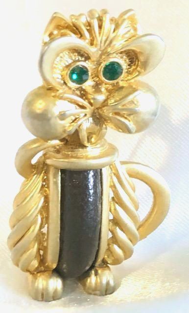 Vintage Signed ORENA PARIS Leather Inset CAT Figural Pin/Brooch,fjt