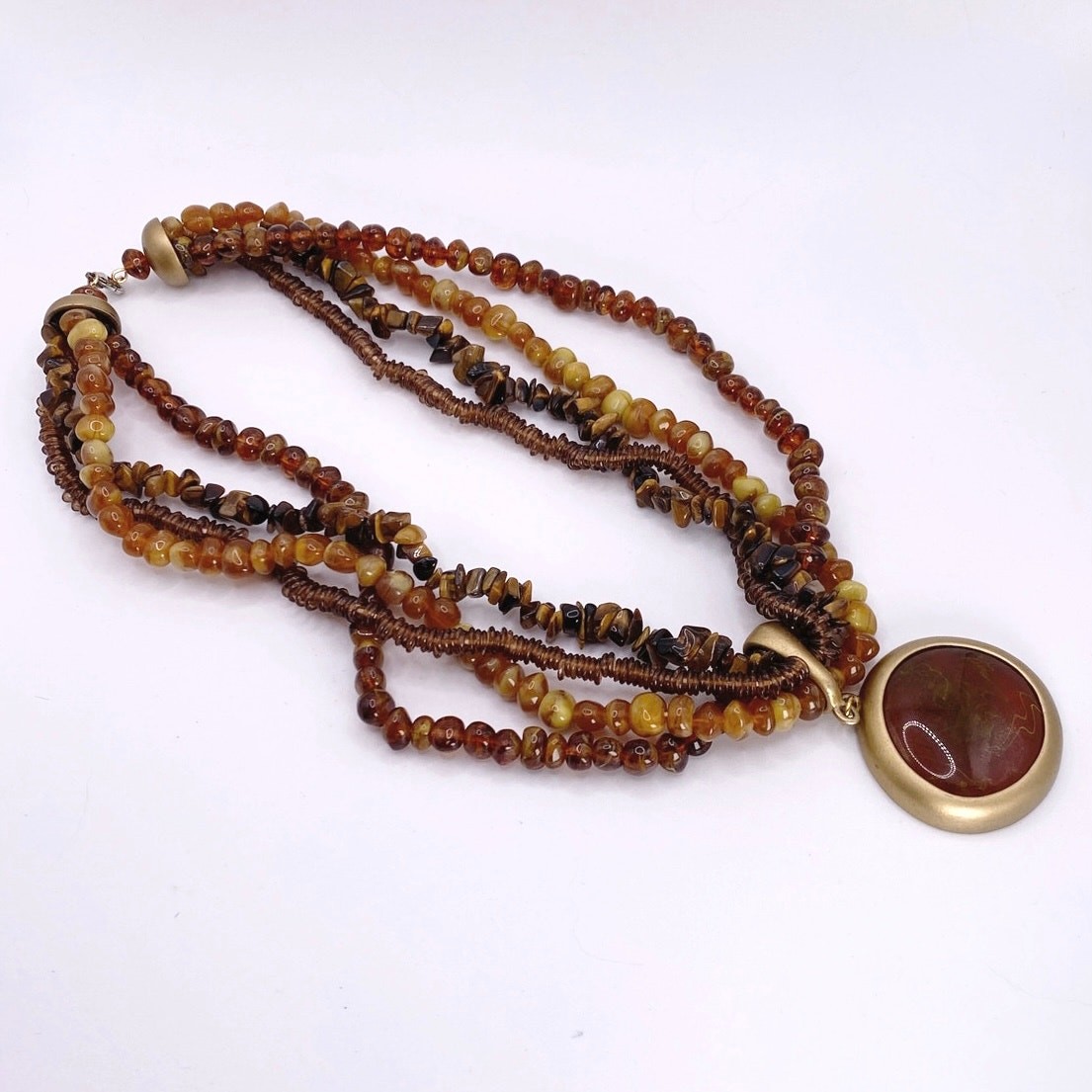 Vintage Amber Tone Lucite MultiStrand Necklace with Cabochon Pendant
