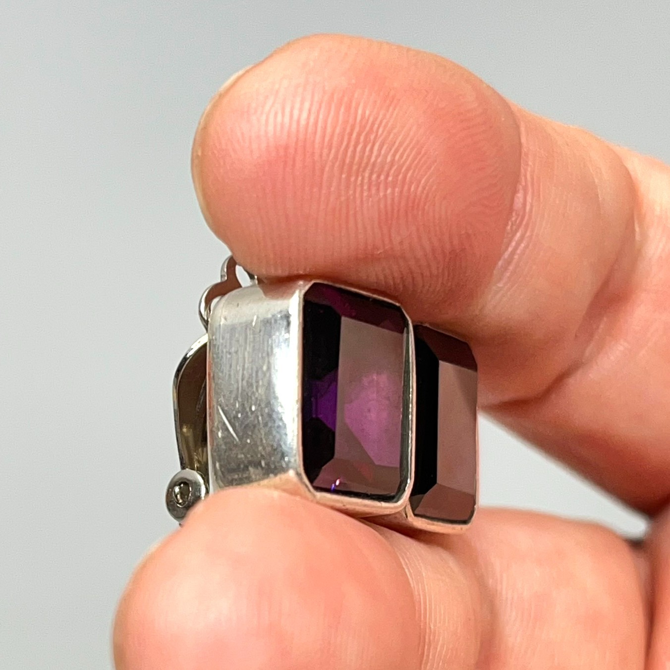 Vintage 1/2″ Square 925 Mex Sterling Silver Sparkling Amethyst Clip On Earrings