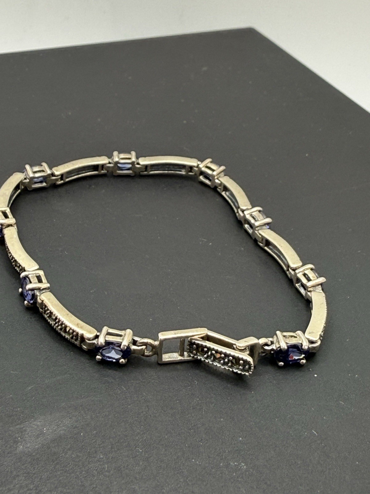 Vintage 925 CW Amethyst Marcasite Stone Panel Link Bracelet Sterling Silver 8”