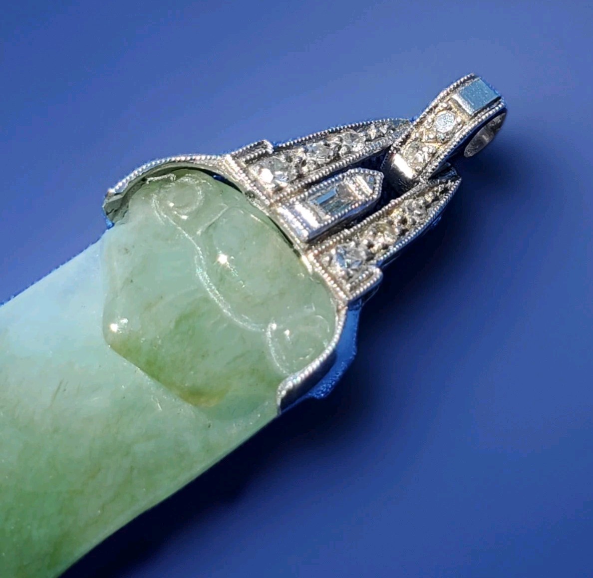 ORIGINAL Antique Green JADE DIAMOND Art Deco Pendant SOLID PLATINUM Medallion