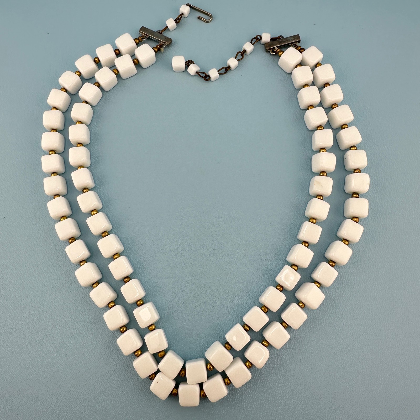 Vintage White Milk Glass Necklace Double Strand Square Shape Bead Retro Mod 18″