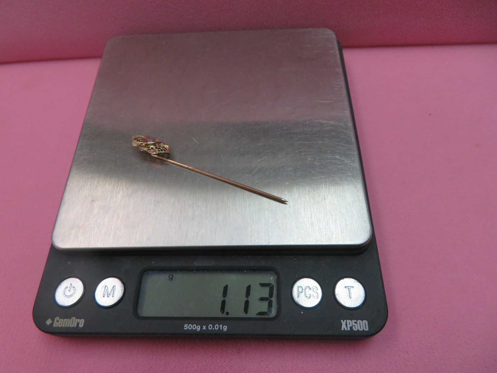 Vtg BDA 14K Solid Y. Gold Stick with 1/20 12k GF Diamond Top Stick Pin 1.13 G