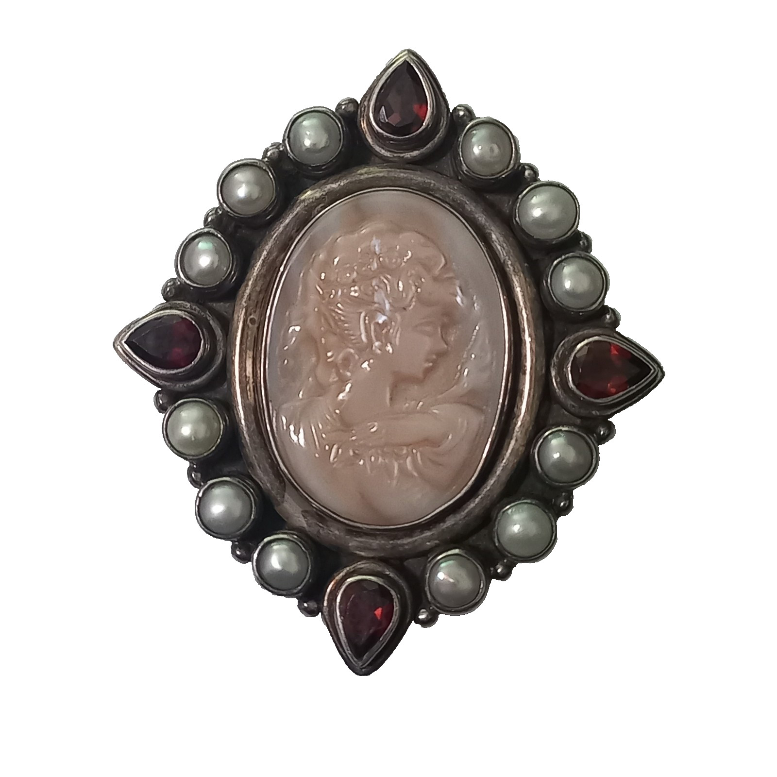 Vintage Sterling Silver Shell Cameo Brooch Pendant Natural Garnet Cultured Pearl