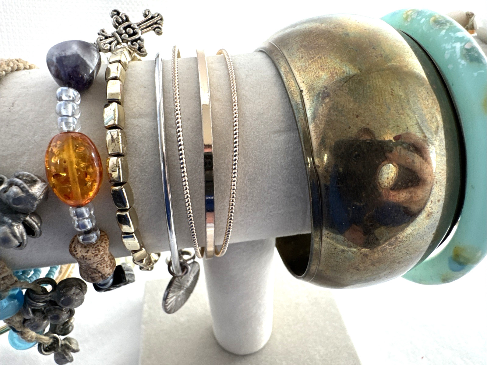 Fun Acrylic hemp texture Bracelets 90s Hippie Jewelry Lot! Gold tone bangles