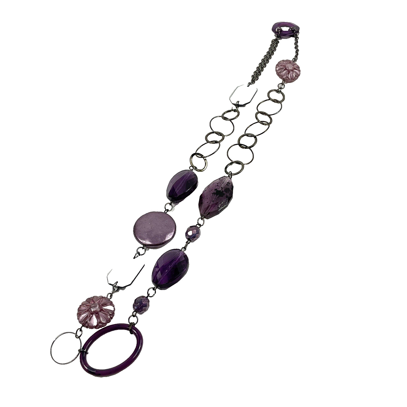 Vintage Asymmetrical Purple Acrylic Crystal Gunmetal Chain Link 24″ Necklace