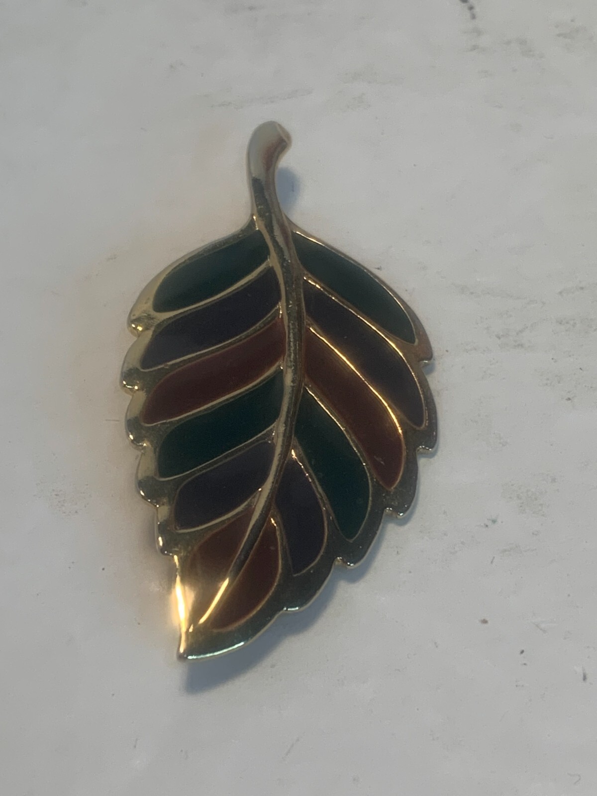 Gold Colored Metal, Red and Green Enameling, Leaf Pin/Brooch, Fall, Christmas
