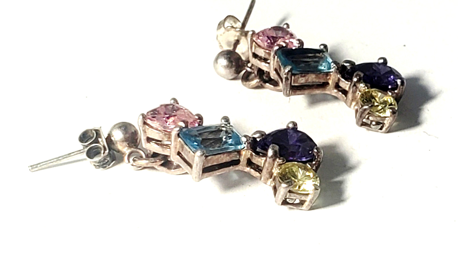 Vtg Sterling Silver Multicolor Pastel CZ Dangle Drop Stud Post Earrings Lot