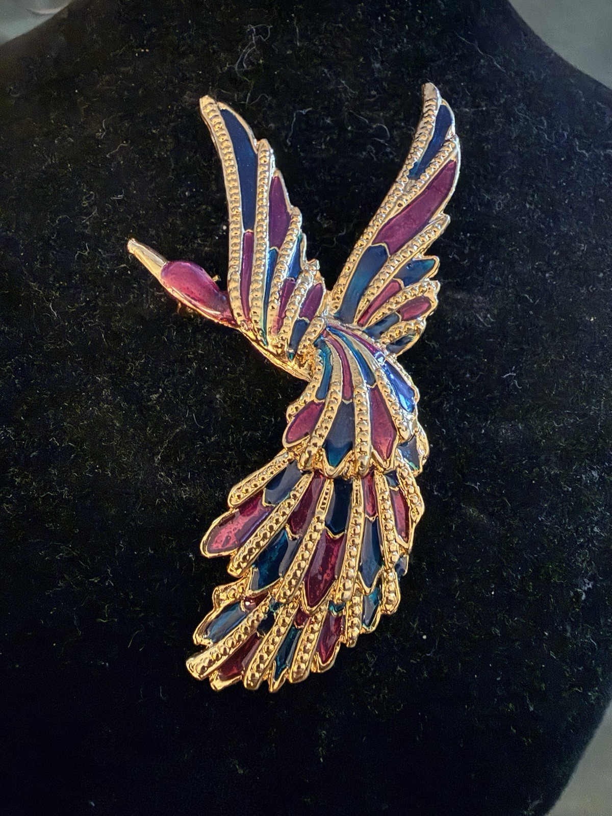 Vintage 80s large cloisonné purple and Blue Gold Toned Brooch