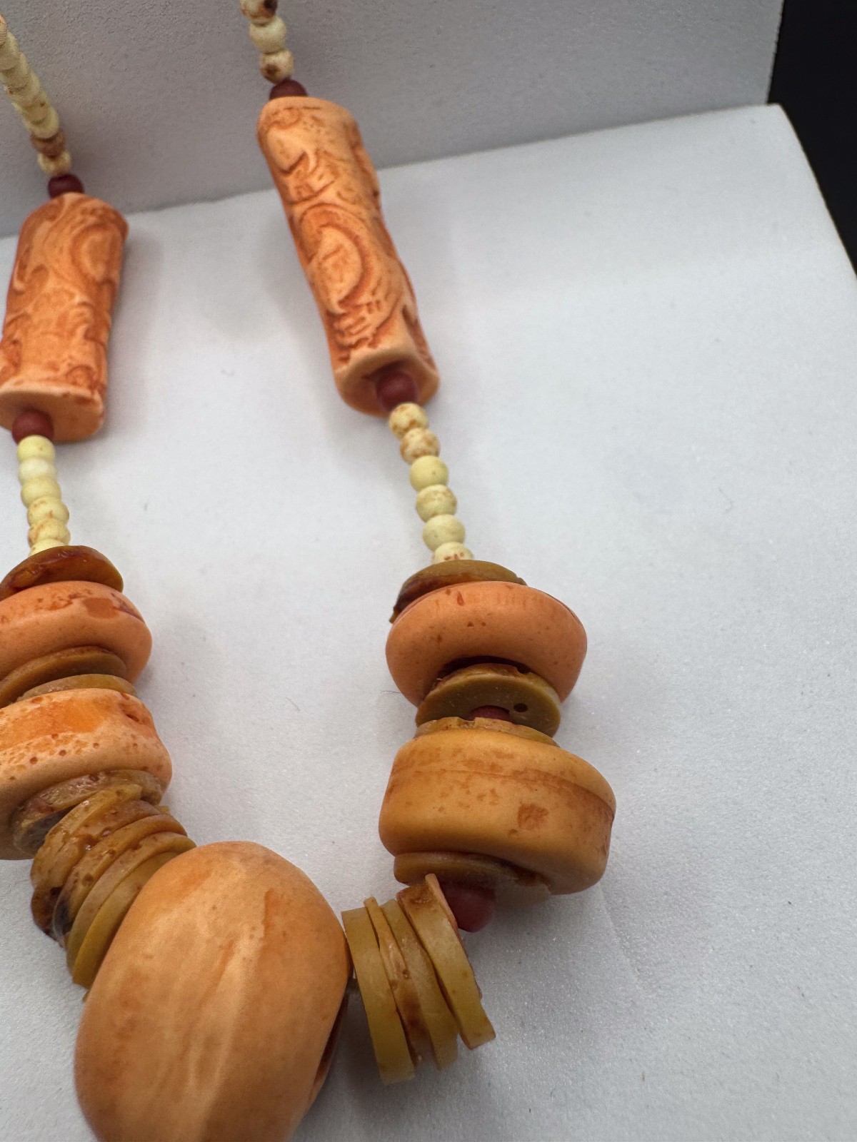 Vintage Boho Carved Clay Terracotta Bead Necklace Tribal Ethnic Earthy Statement