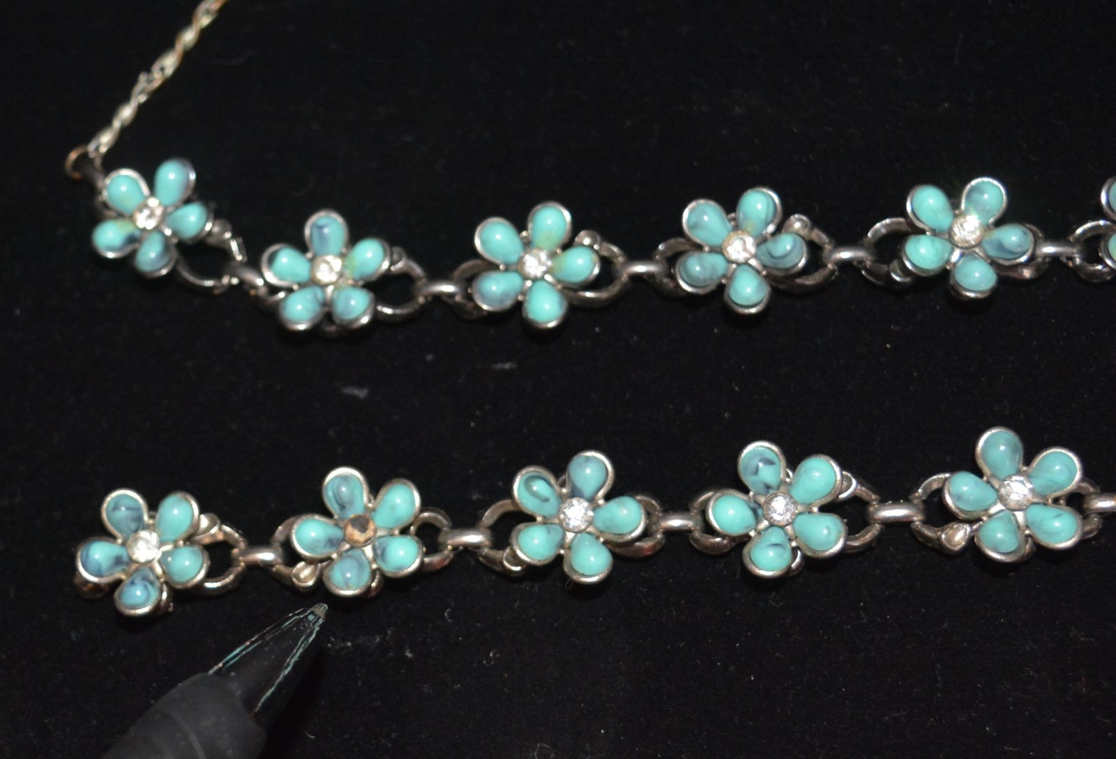 VTG Blue Opal Turquoise & Rhinestone Sterling Silver Bracelet & Necklace Choker
