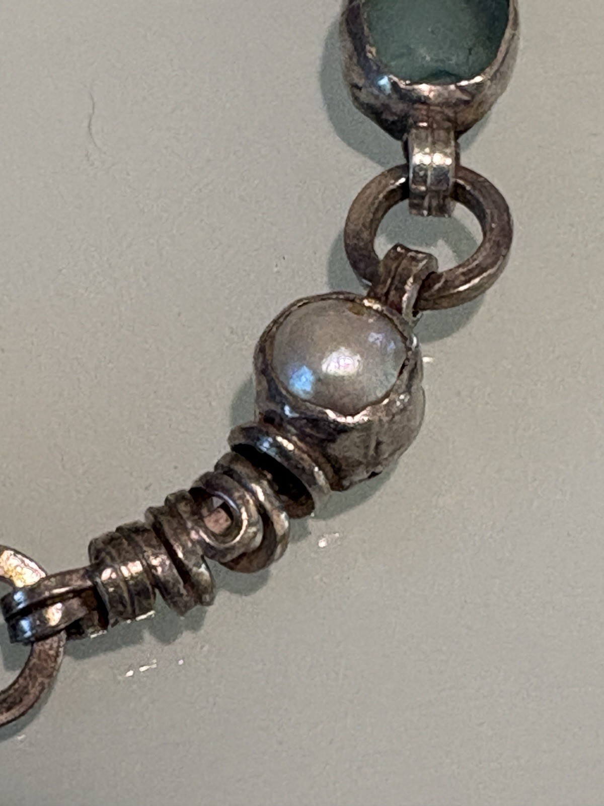 VTG 925 Sterling Silver, Blue Seaglass And Pearl Bracelet 7.5 Handmade 22 Grams