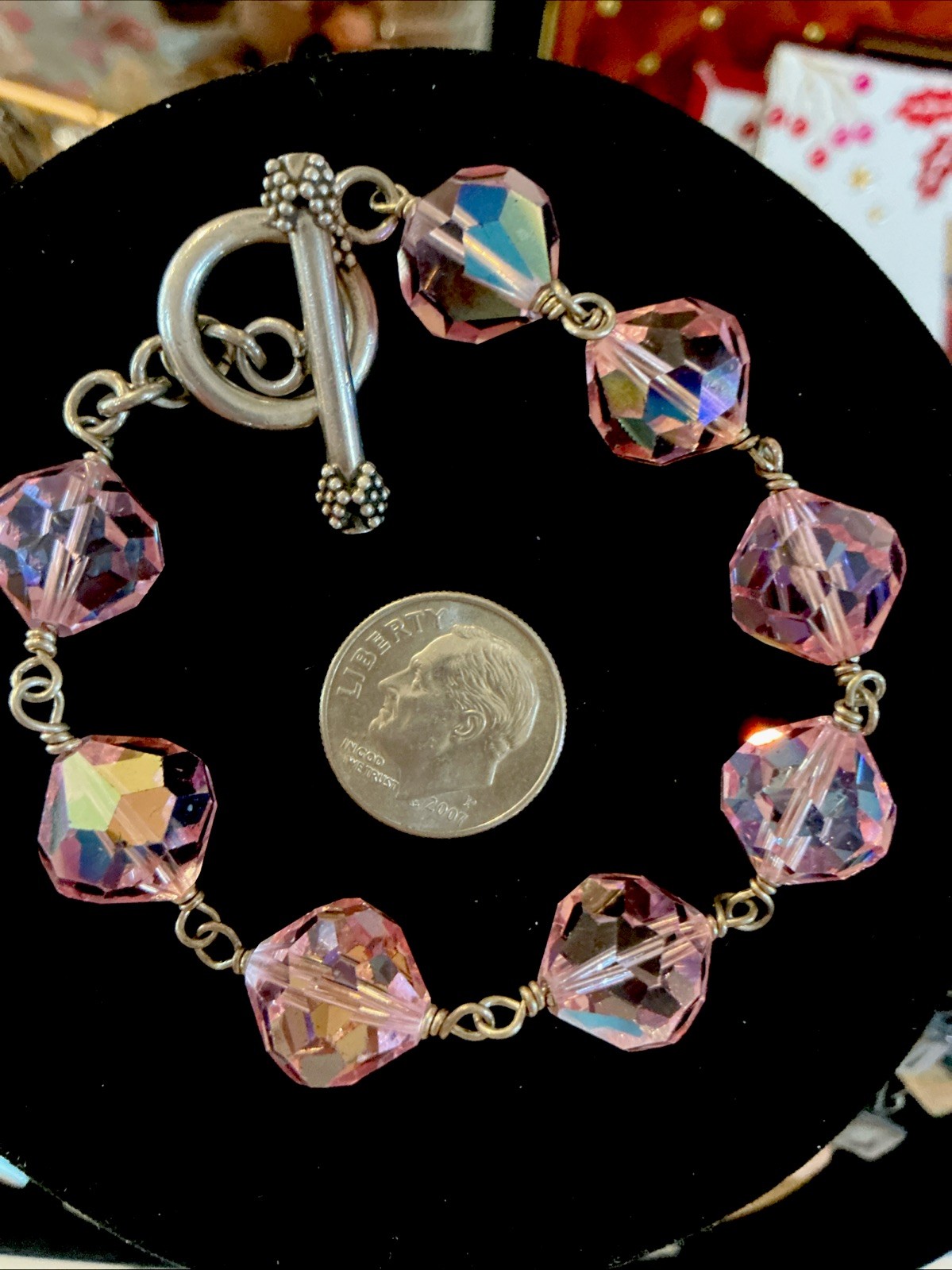 Vintage Pink Crystal Bicone Beaded 8” Bracelet Silver Toggle Clasp Non-Magnetic