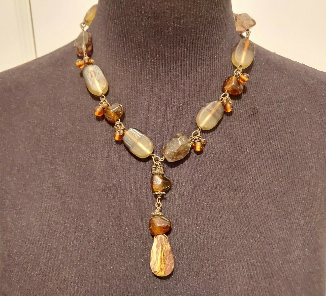 lozenge bead & natural polished stone necklace strand adj. 15″-18″ brown colors