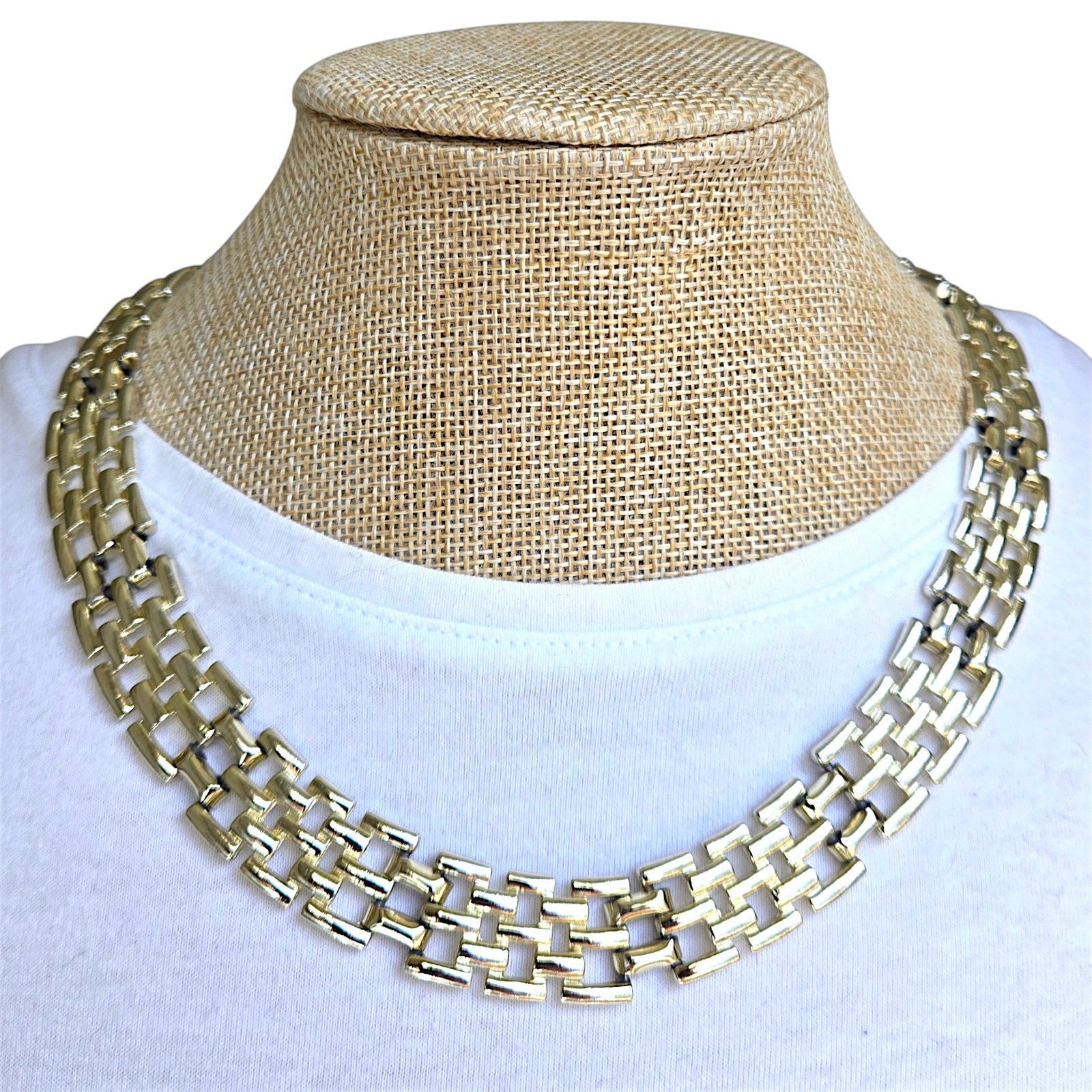 Vtg Five Row Panther Link Champagne Gold Tone Articulated Chain Necklace 18″