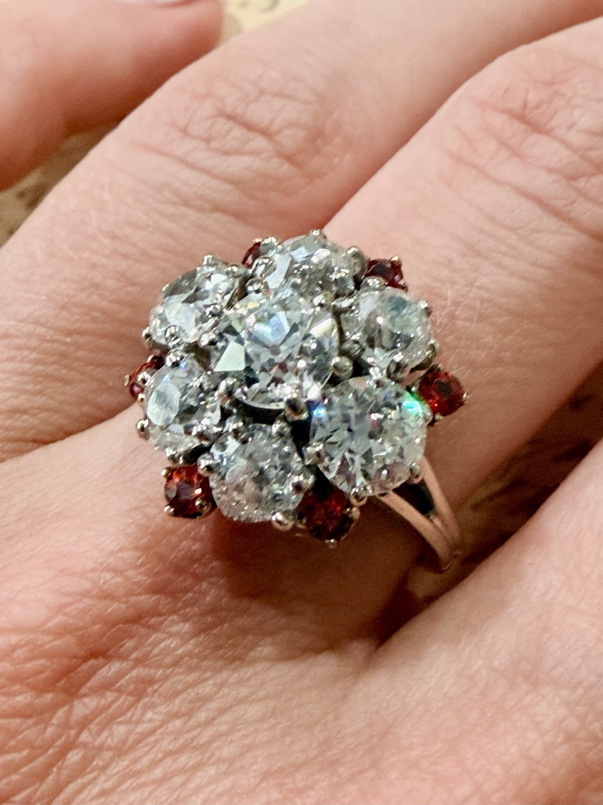 Rare Edwardian 4.43ct Old European Mine Cut Diamond Orange Sapphire Cluster Ring