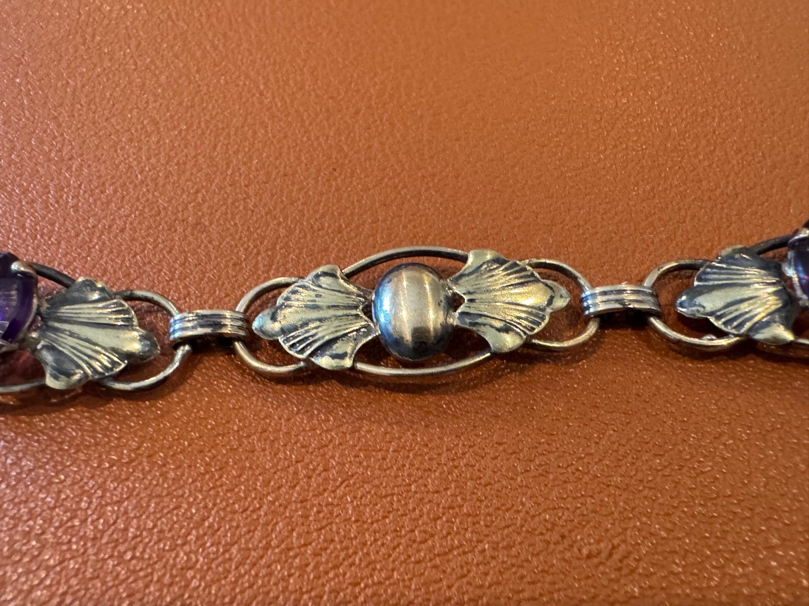 Vtg Antique Gold on Sterling Silver Bracelet w/ Faceted Purple Glass or Stones
