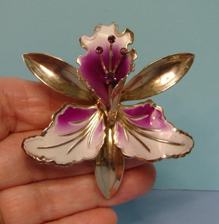 Vintage Gold Tone W White & Purple Enamel Rhinestone Orchid Flower Pin Brooch