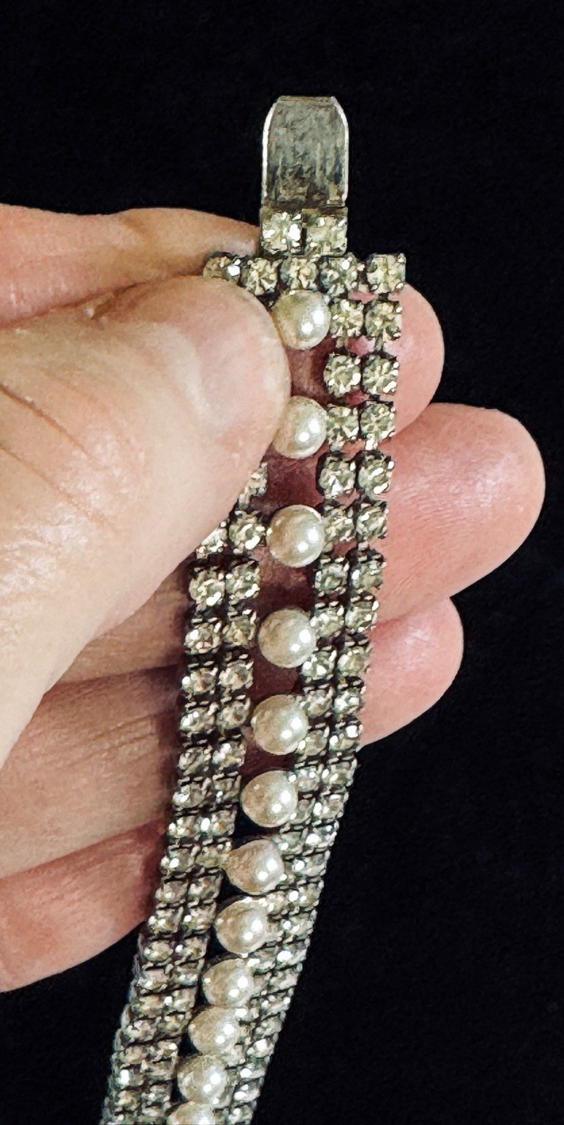 Vintage Multi Strand Clear Round Rhinestones and Faux Pearls Bracelet Box Clasp