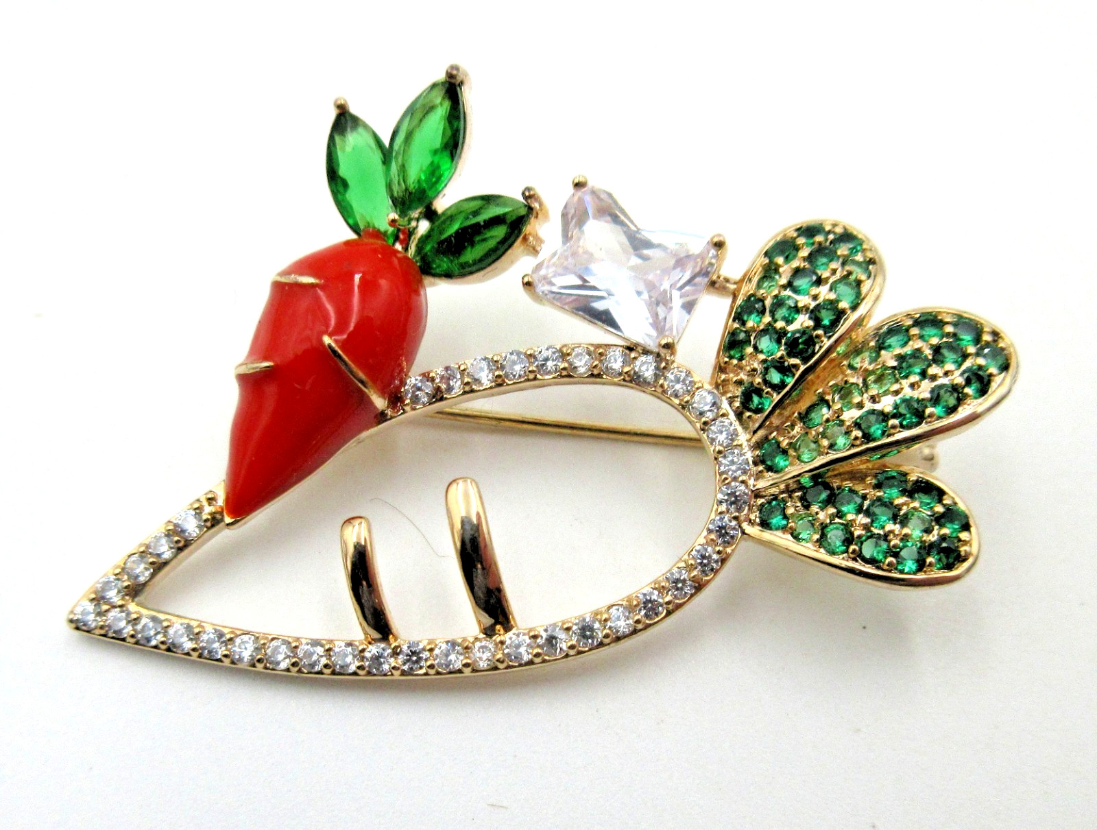 VTG CARROT Open work Brooch Pin Orange CLEAR RHINESTONE gold tone GLUE green pc