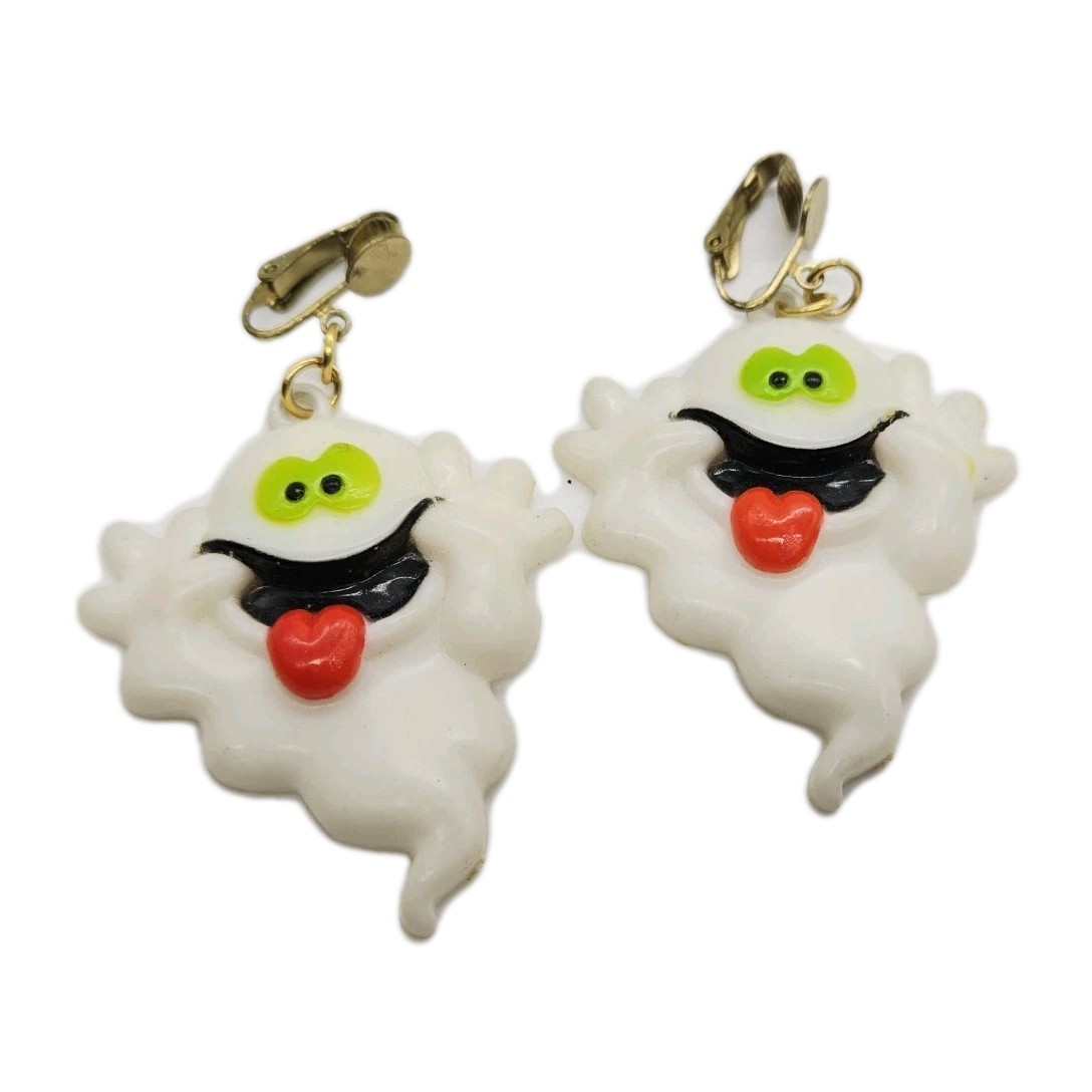 Ghost Clip on Earrings Halloween Costume Ghoul Spirit Signed Fun World Vintage