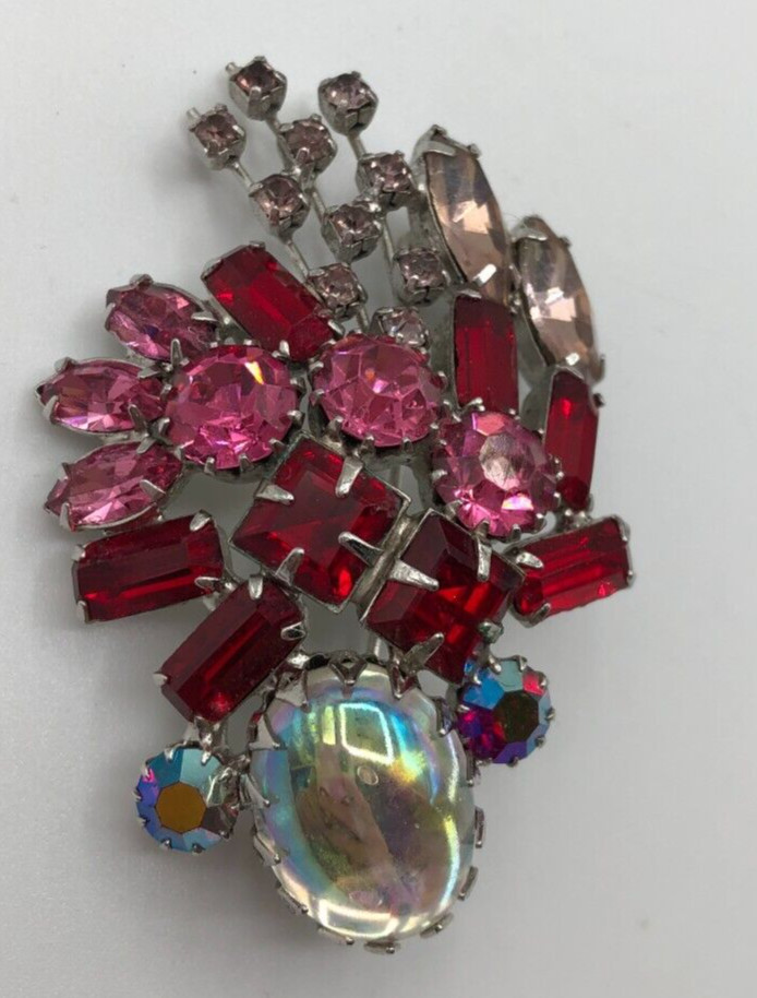 VTG Pink & Red Rhinestones Brooch Pin Iridescent Cabochon MCM 1950s Estate