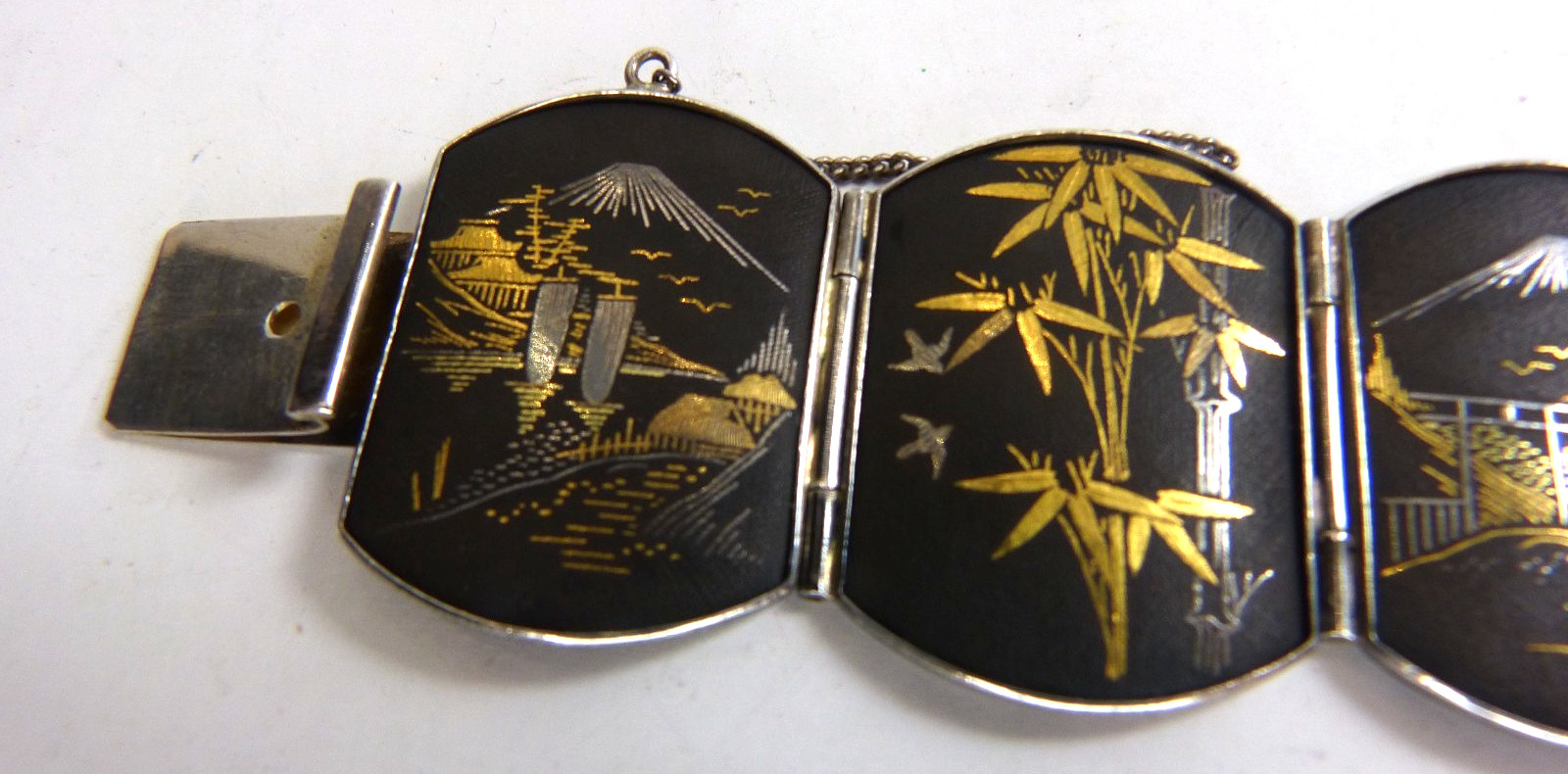 Large Antique Japanese Sterling Silver Bracelet W Mixed Metal Damascene Designs