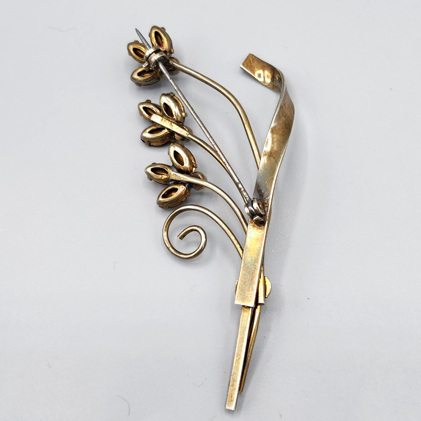Retro Gold Wash Sterling Silver Siam Red Marquise Glass Flower Bouquet Brooch