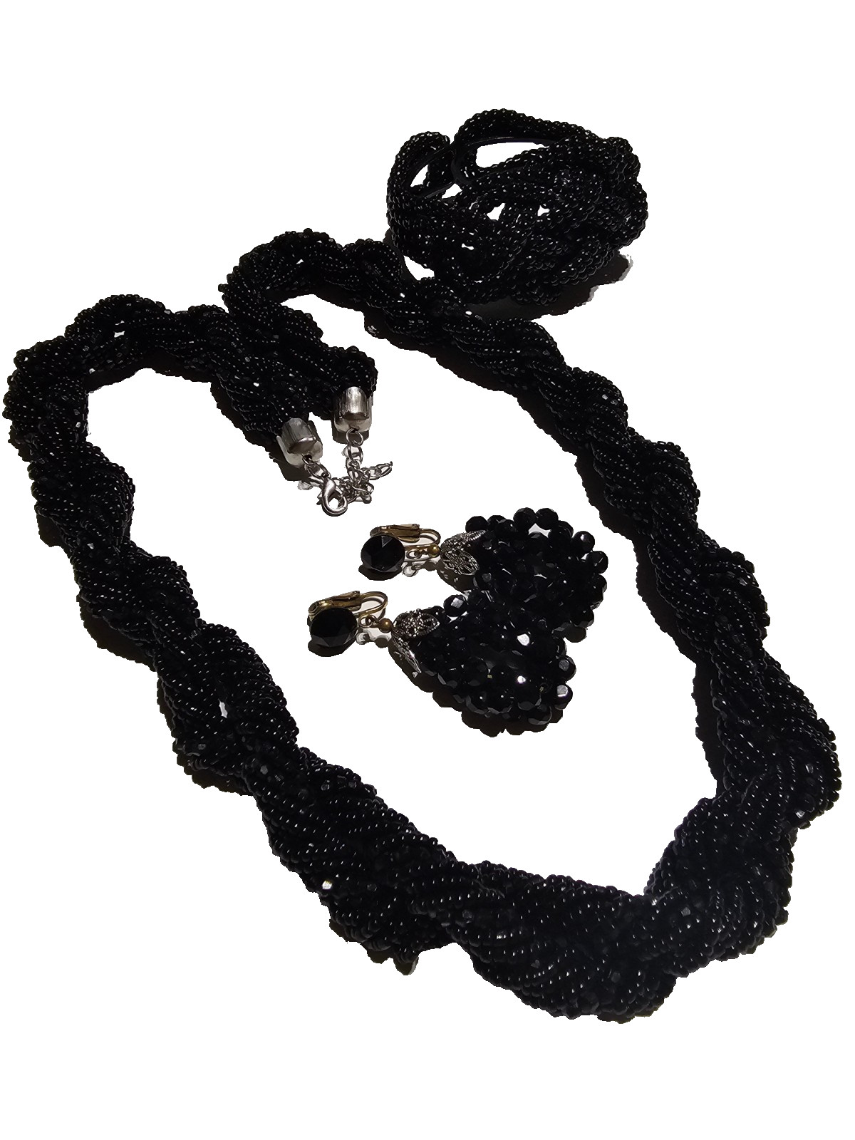 TWISTED STRAND BLACK GLASS SEAD BEAD NECKLACE, EARRINGS & BRACELET – VINTAGE