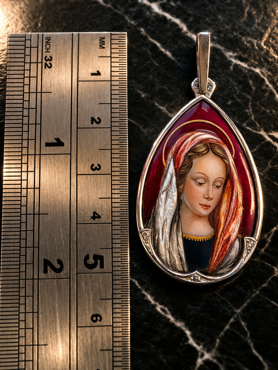 Fine Antique Art Nouvea 18K 18CT Gold Enamel Virgen Mary Medal Pendant Ca XIX