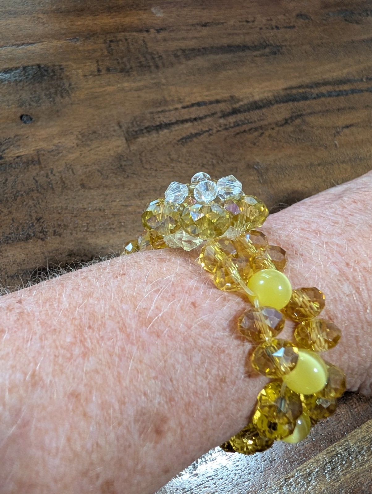 Handmade Yellow Crystal Beaded Stretch Bracelet Cat’s Eye Floral Statement Brace