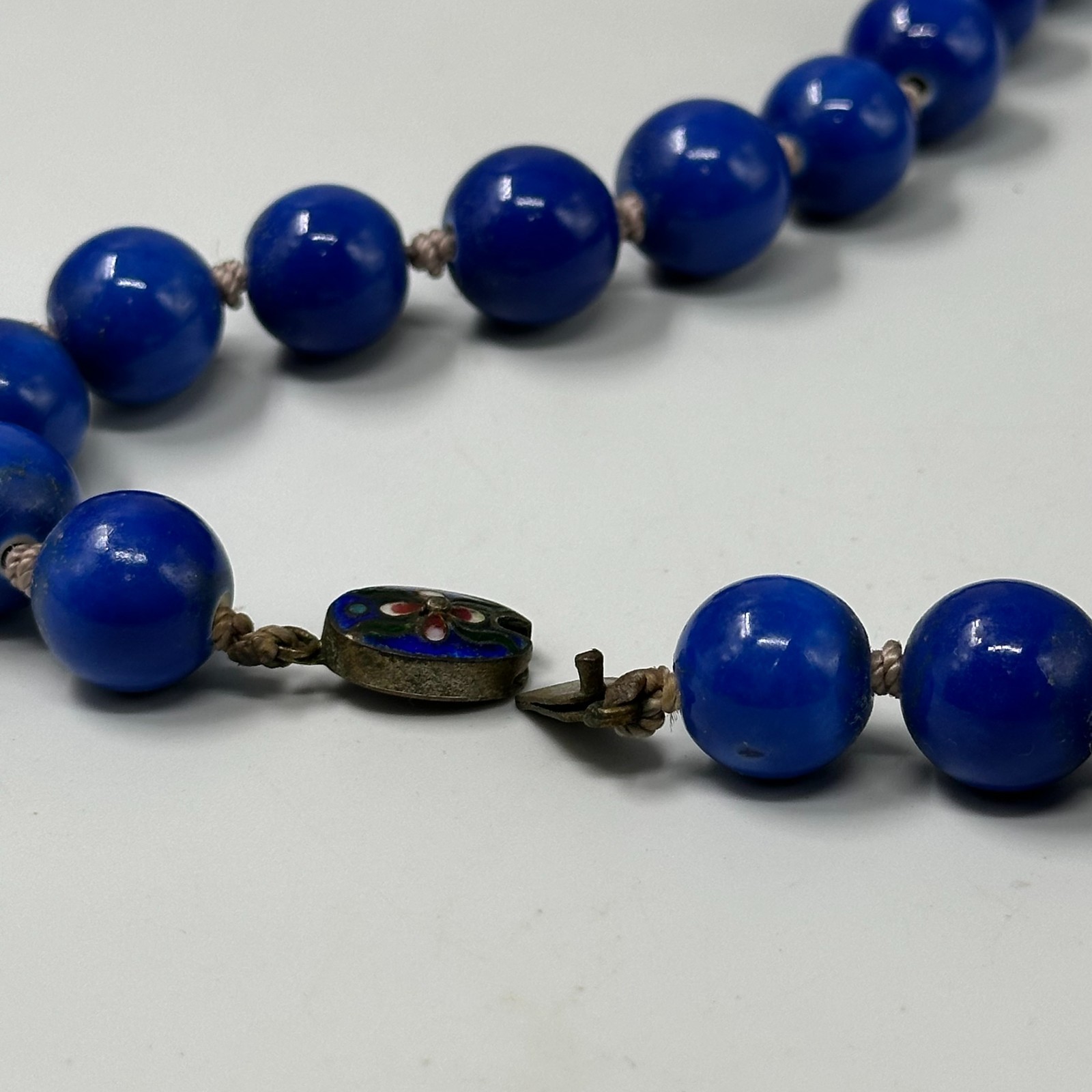 Vintage Chinese Peking Blue Glass Bead Necklace Hand Knotted Cloisonne Clasp 26″