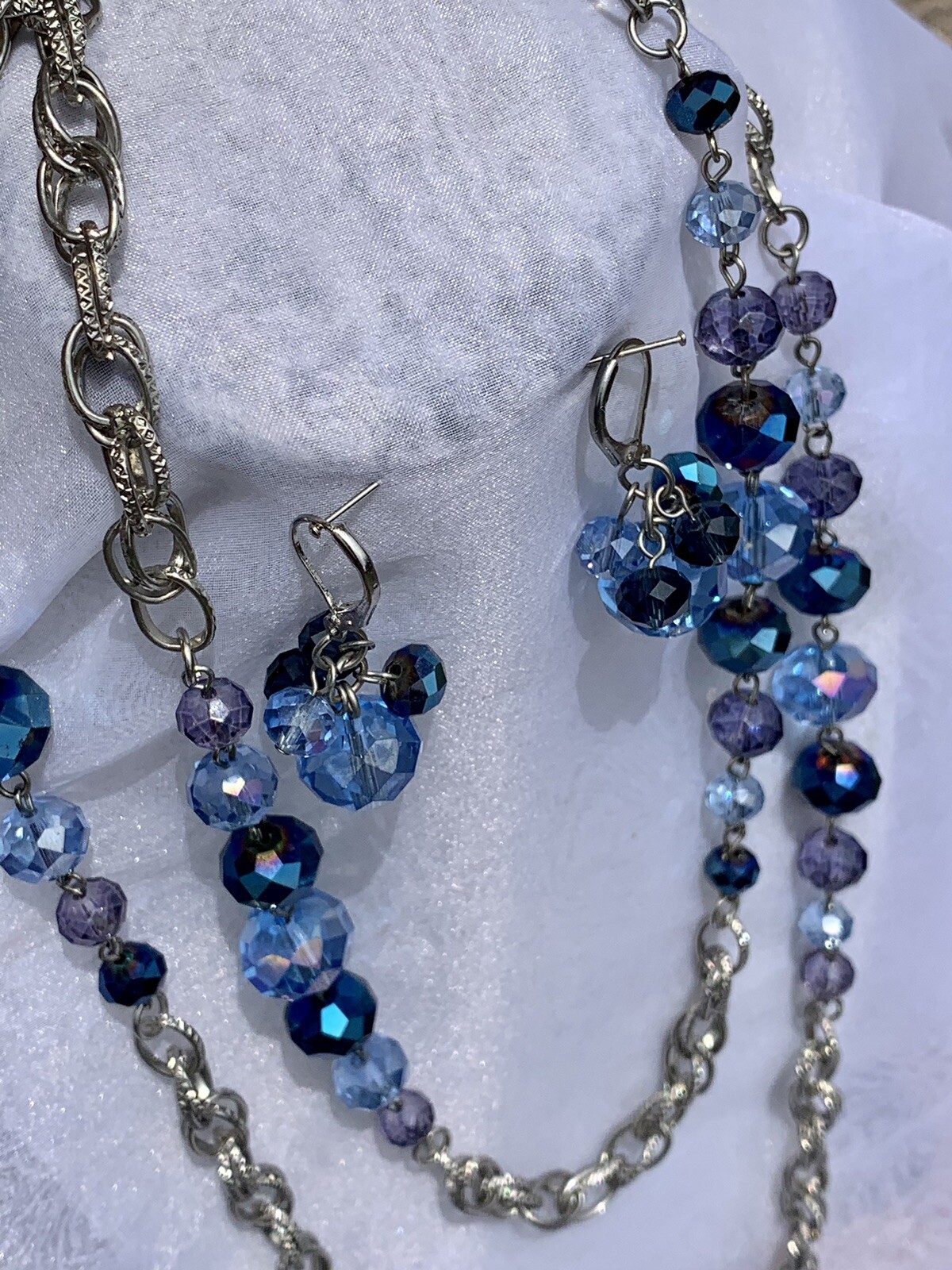 Vintage 70s Blue, Peacock & Purple Aurora Borealis Crystal Necklace Earrings Set