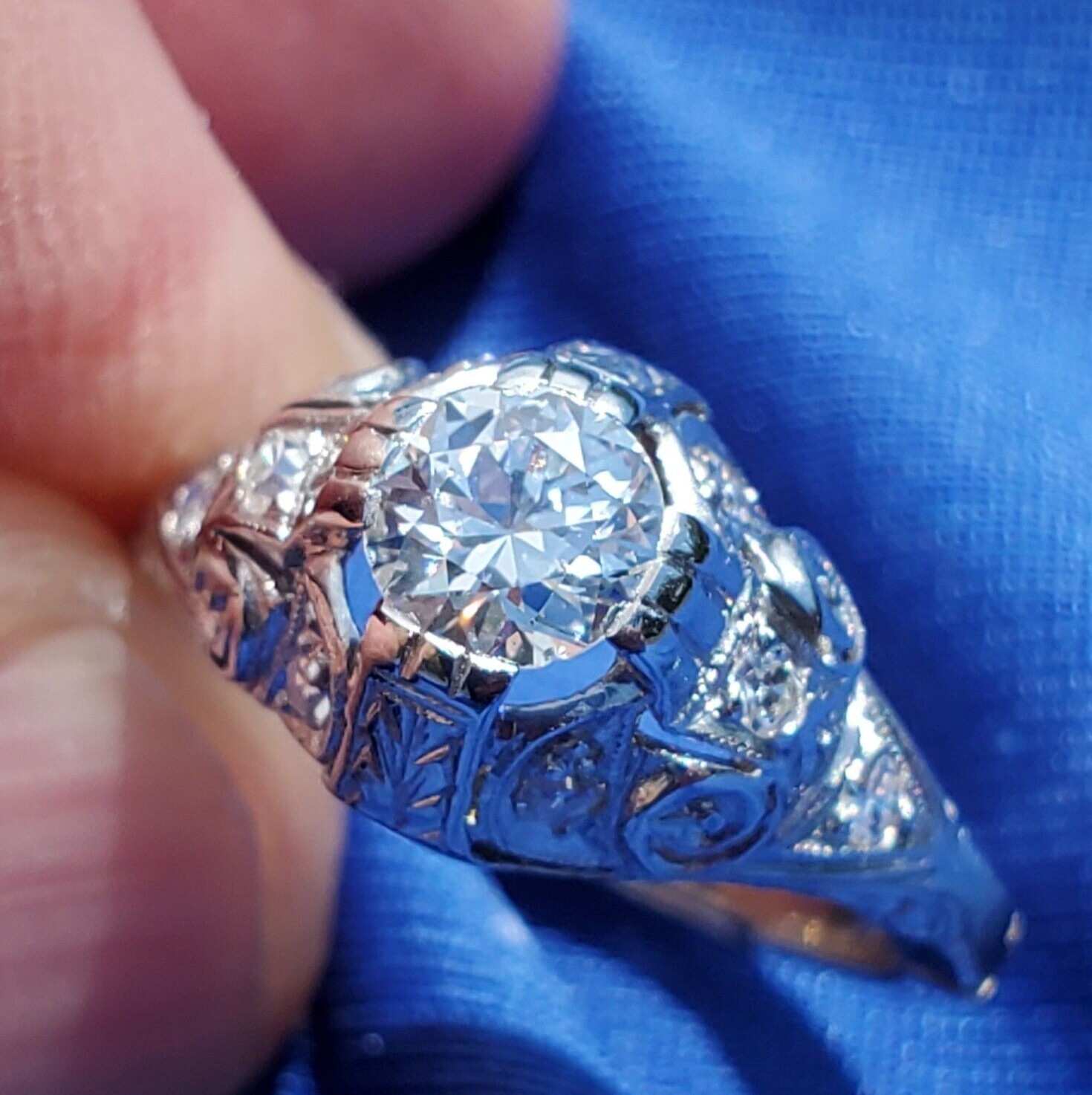 Original EARTH MINED DIAMOND art DECO Engagement Ring Vintage PLATINUM Solitaire