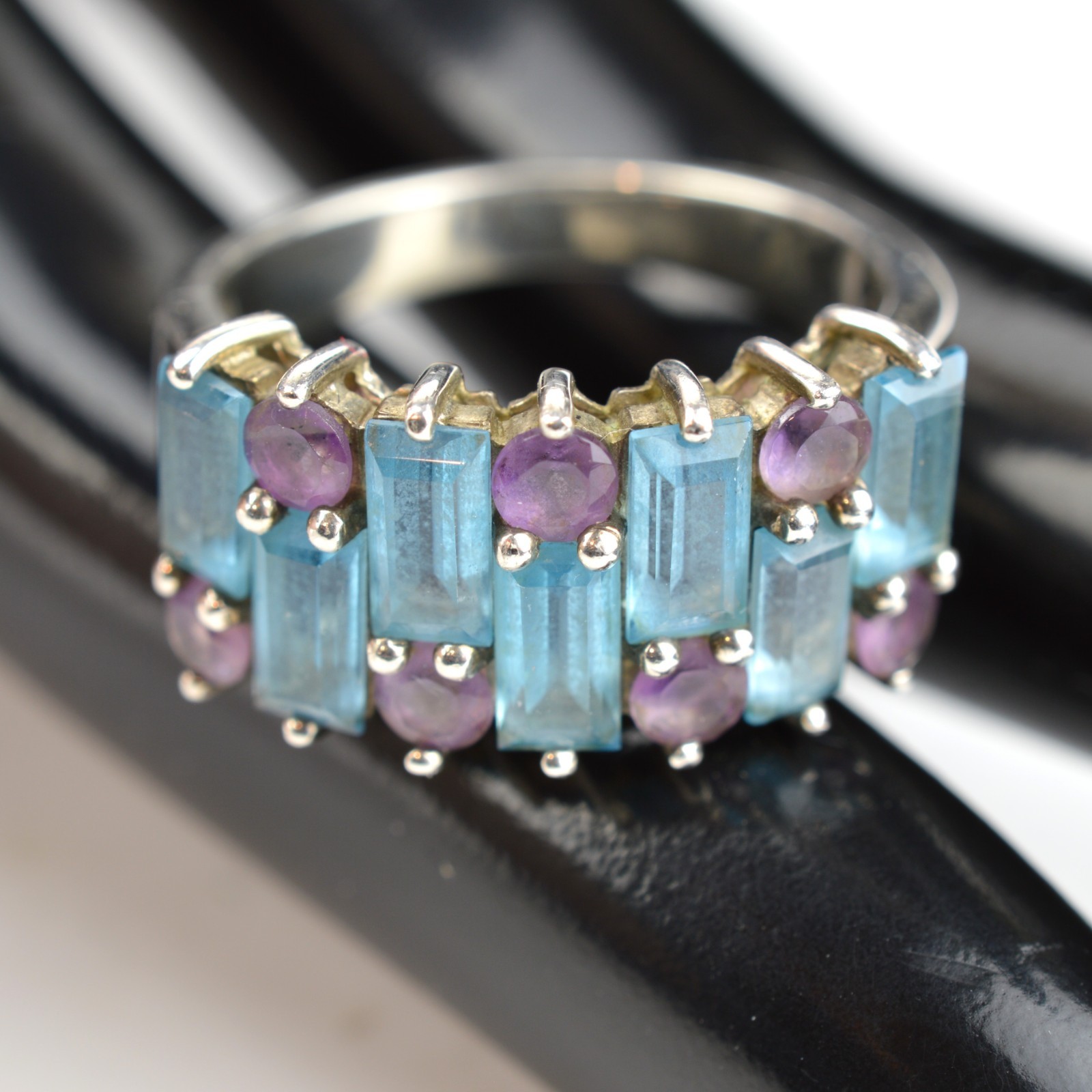 HN Ring Sterling Silver 925 with Topaz and Amethyst, Size 7.75